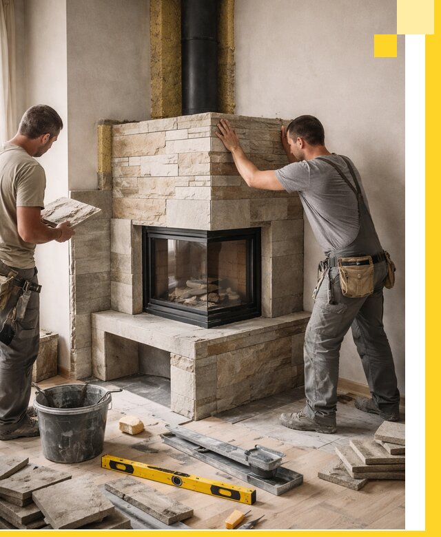 Угловые камины под ключ проект, монтаж и отделка в Кольчугине