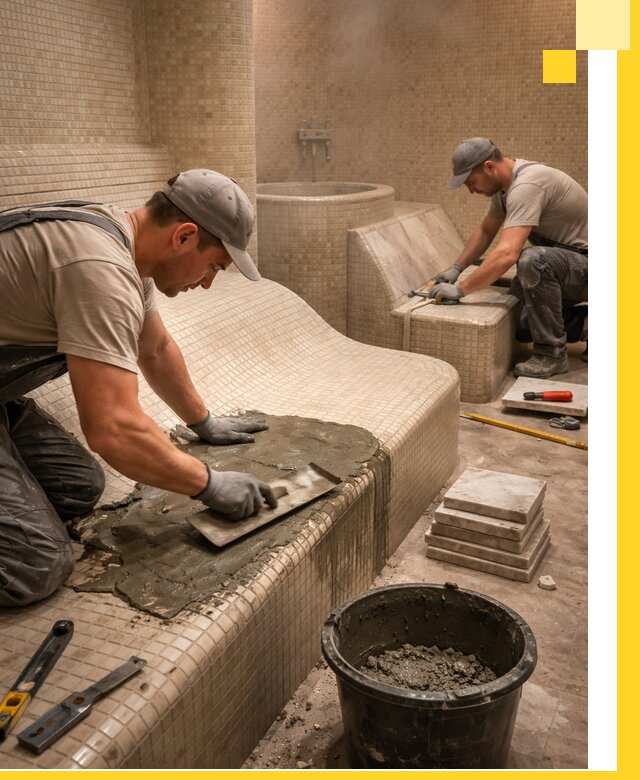 Лежаки для хамама под ключ в Кольчугине, проект и монтаж